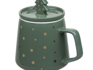 kubek do kawy i herbaty porcelanowy z pokrywka zielony 370 ml choinka