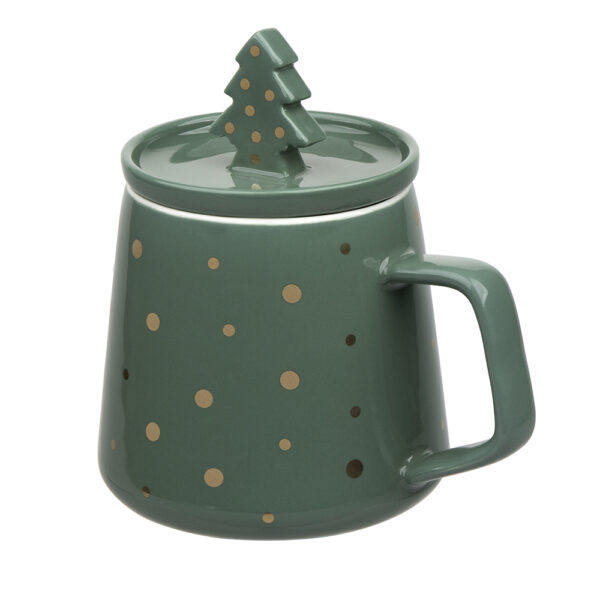 kubek do kawy i herbaty porcelanowy z pokrywka zielony 370 ml choinka